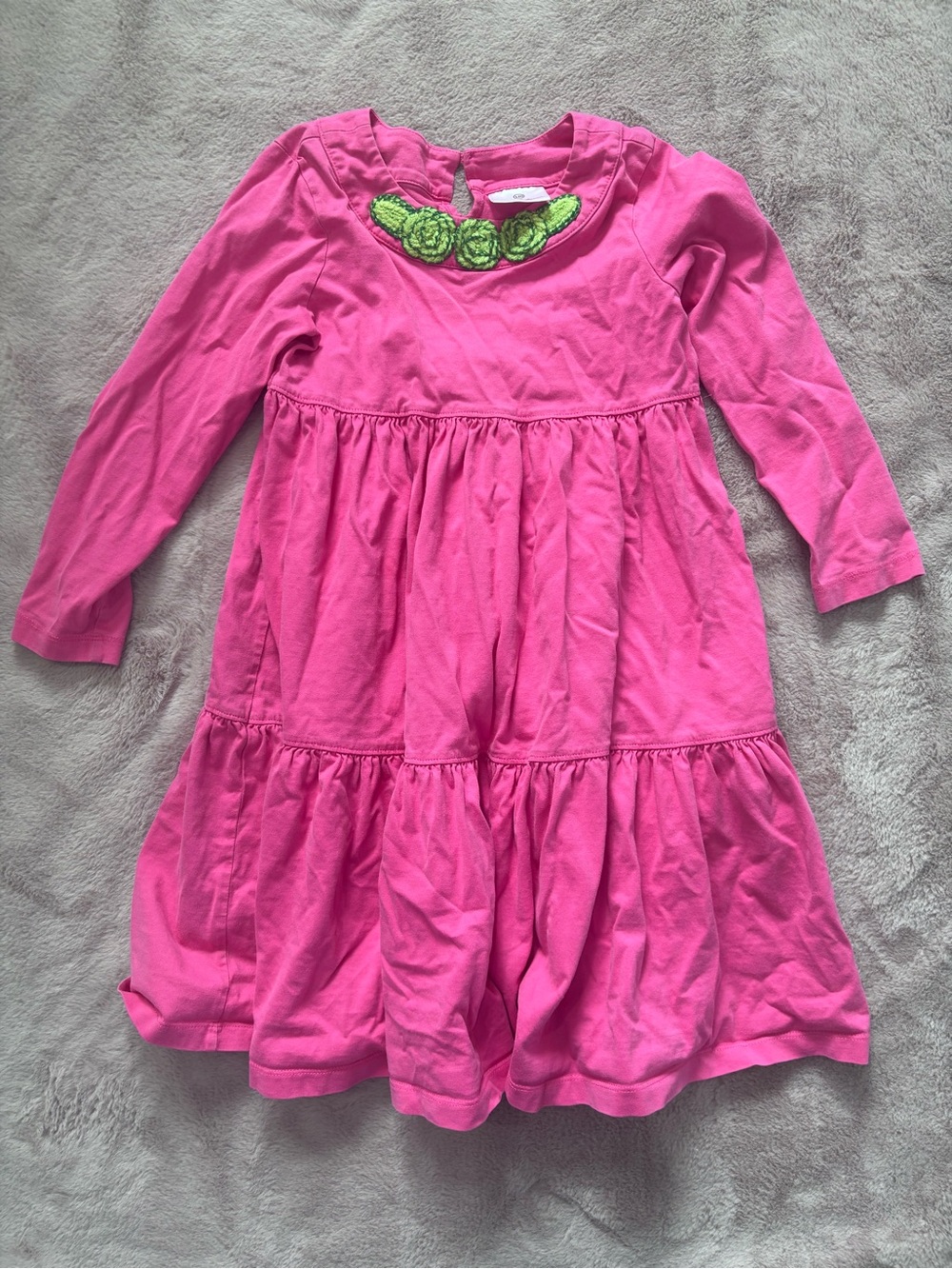 Hanna Andersson Bright Pink Tiered Dress with Green Rosette Neckline